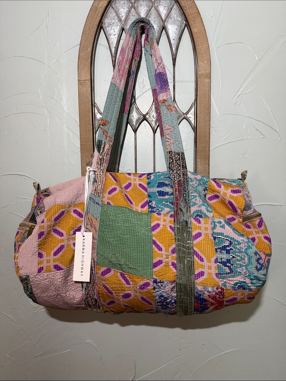 Kantha Patchwork Travel Duffle Bag - Pink, Yellow & Green